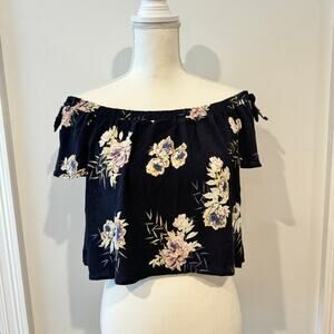 Astr The Label Crop Top Black Floral Off the Shoulder Blouse Women's XS